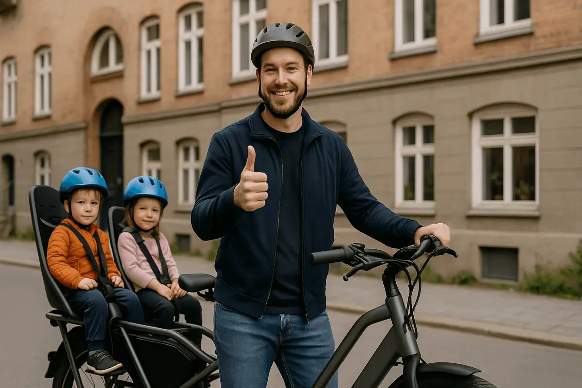 Pyöräilijä ja lapset sähköpyörän kanssa kaupunkikadulla